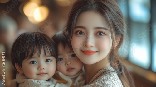 Warm family gathering with a mother holding her twin children indoors during a cozy afternoon