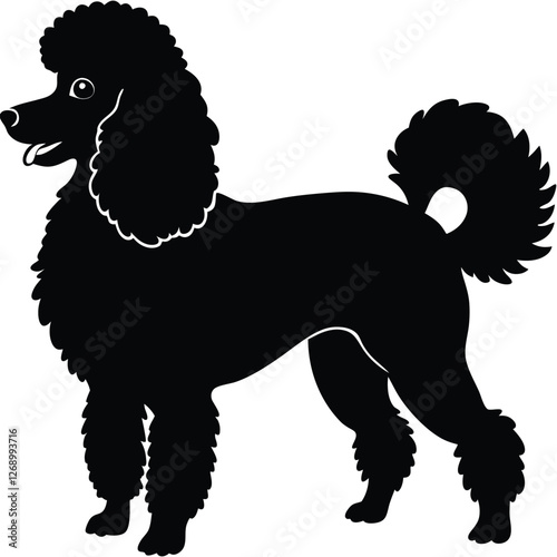 A fully black silhouette of a fluffy poodle in a show pose, standing with an elegant stance. 