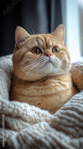 Fluffy ginger cat resting peacefully in a cozy blanket by the window during a sunny afternoon