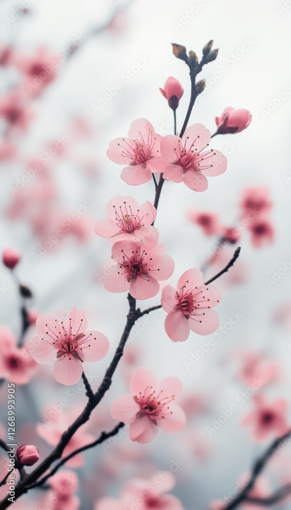 Beautiful pink cherry blossoms bloom elegantly on branches during springtime in a serene garden setting Beautiful pink cherry blossoms bloom elegantly on branches during springtime in a serene garden setting