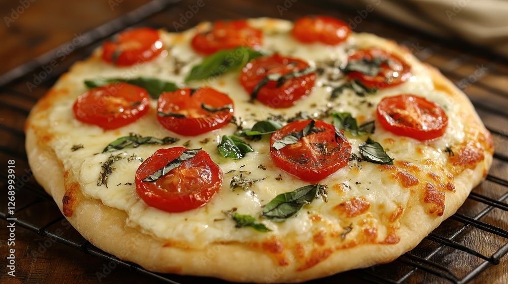 Delicious tomato basil pizza on cooling rack, wooden background, food photography