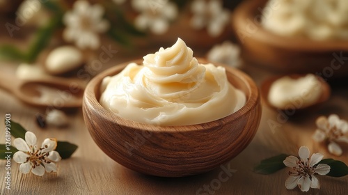 Creamy whipped body butter in a wooden bowl with flowers and nuts, perfect for self-care routines and moisturizing skin