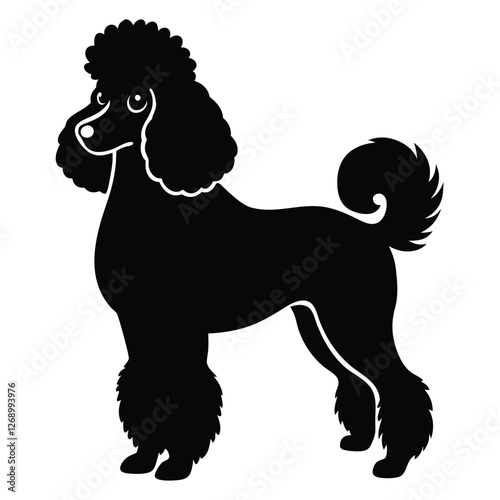 A fully black silhouette of a fluffy poodle in a show pose, standing with an elegant stance. 