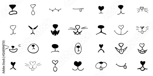 Pet mouth comic cute line doodle drawing. Set lips, noses and whiskers animal characters. Funny heart nose, hand drawn faces.