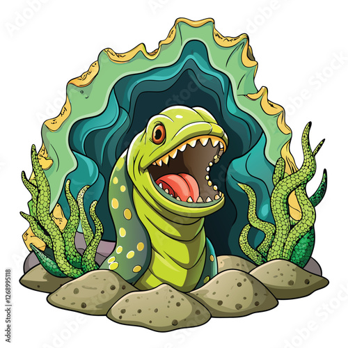 Create a realistic vector illustration of a moray eel partially emerging from a coral reef crevice, showcasing detailed scales and textures.