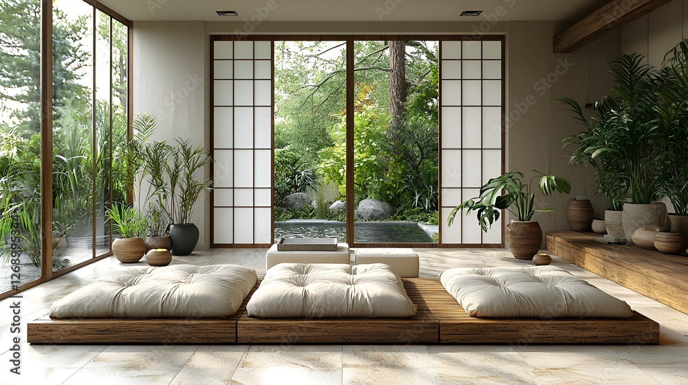 Fototapeta premium Zen garden room, indoor relaxation, tranquil patio view, sunlight, peaceful atmosphere, meditation space
