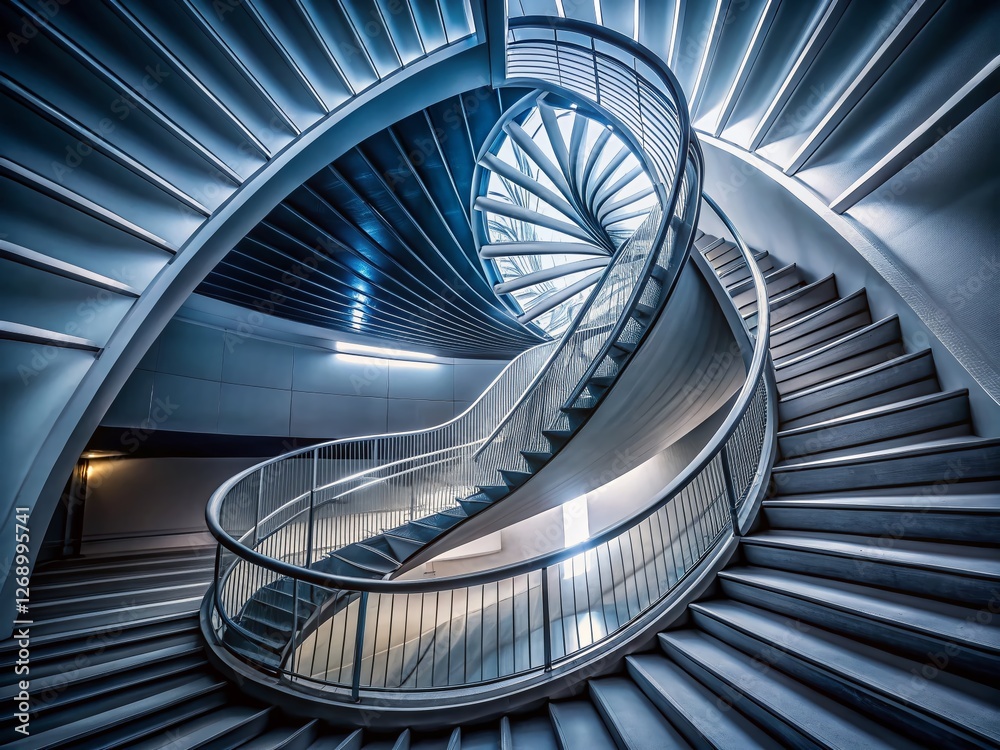 Fototapeta premium Long Exposure Spiral Staircase in Modern Dark Building - Abstract Architecture Photography