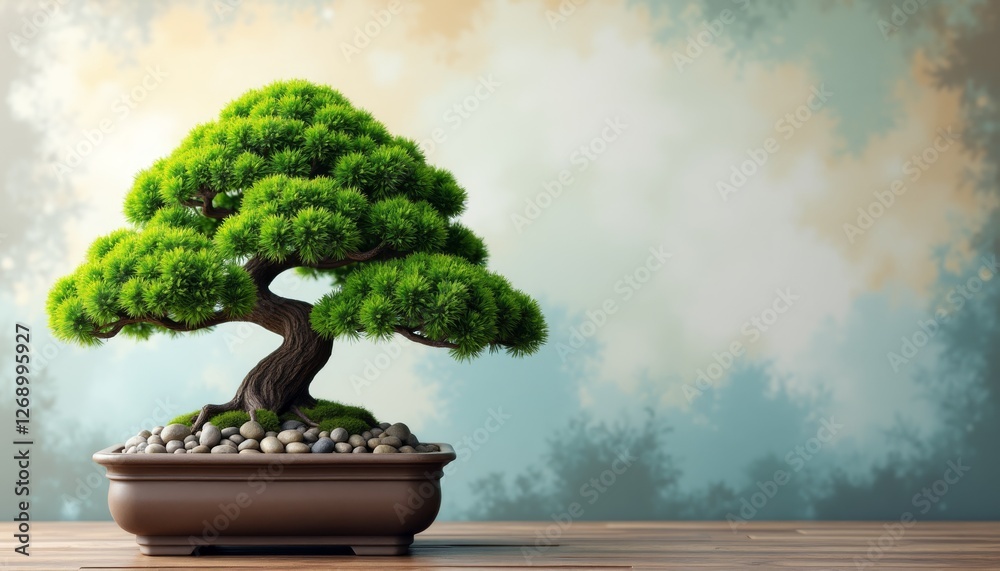 Bonsai tree in pot with stones on painted canvas backdrop Bonsai tree in pot with stones on painted canvas backdrop