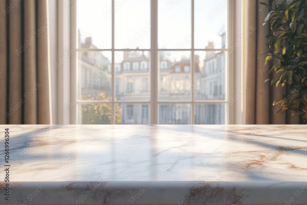 Elegant marble countertop with a view of Parisian architecture and sunlight illuminating a cozy interior space Elegant marble countertop with a view of Parisian architecture and sunlight illuminating a cozy interior space