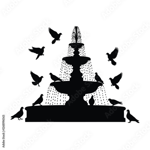 Silhouette vector illustration of a fountain and pigeons icon