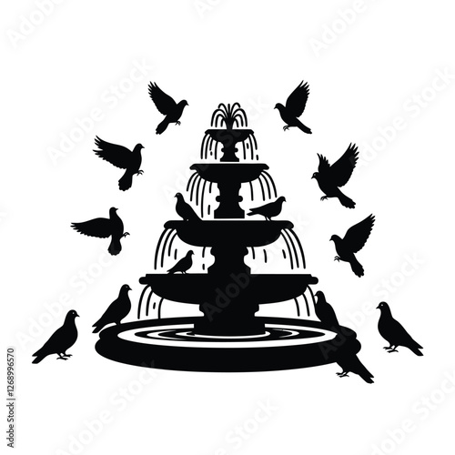 Silhouette vector illustration of a fountain and pigeons icon