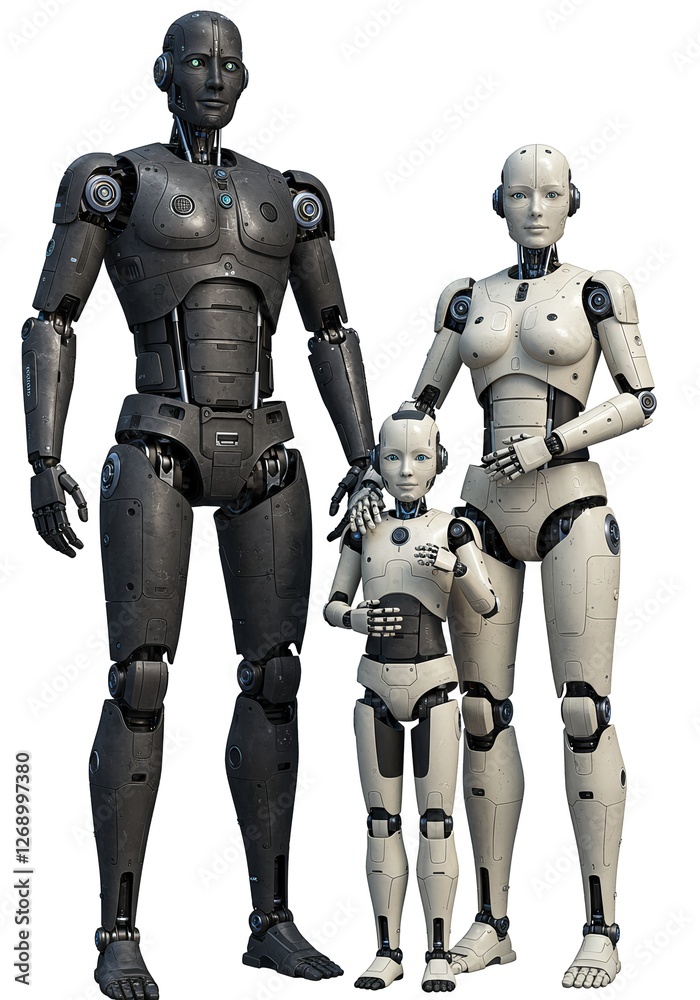 A family of android robots, dad, mom, and a little robot baby, standing full-length. A family of android robots, dad, mom, and a little robot baby, standing full-length.