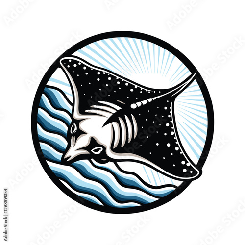 Create a realistic vector illustration of a manta ray gracefully gliding underwater, showcasing detailed pectoral fins and smooth, dark coloration.