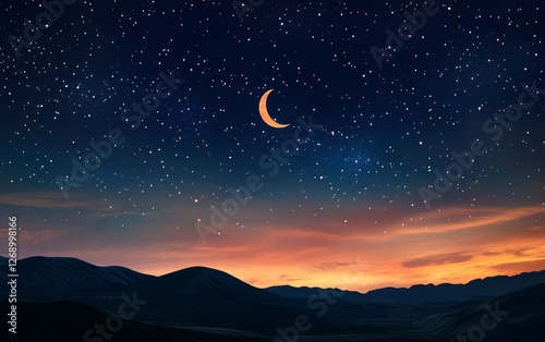 Crescent moon over starry mountains at dawn