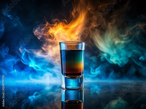 Low Light Photography: Clouds Alcoholic Shot Glass with Sambuca, Tequila, Blue Curacao on Elegant Dark Brown Background