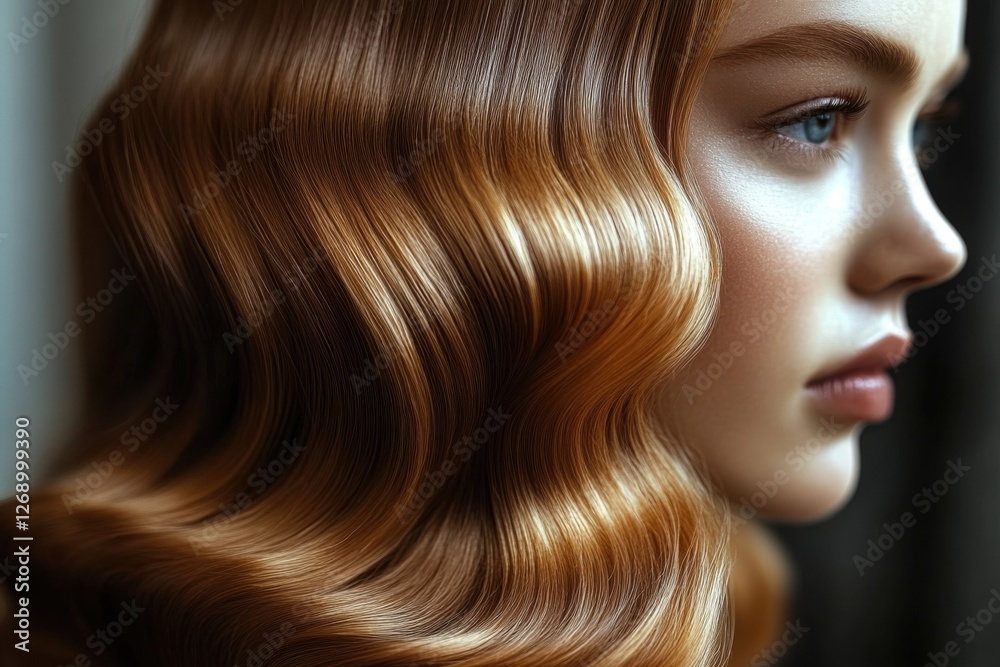 Obraz premium Stunning close-up of a young woman with elegant wavy hair showcasing beauty and grace indoors in soft lighting