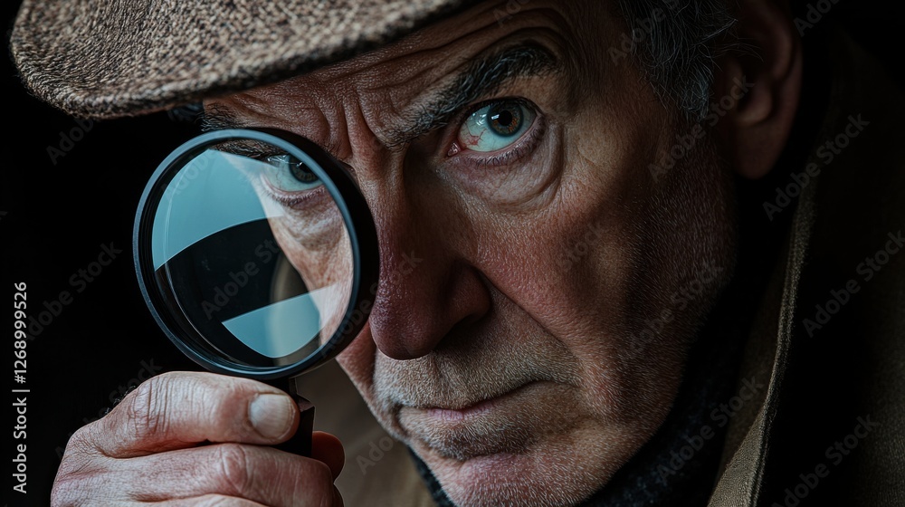 Man using a magnifying glass to closely examine a mysterious object in a dimly lit environment Man using a magnifying glass to closely examine a mysterious object in a dimly lit environment
