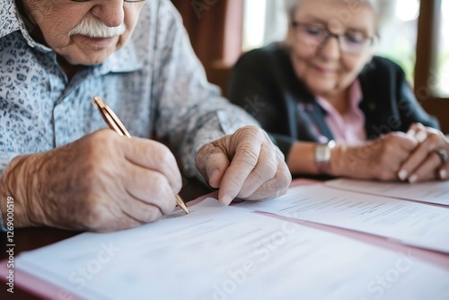 Senior couple signing their will documents