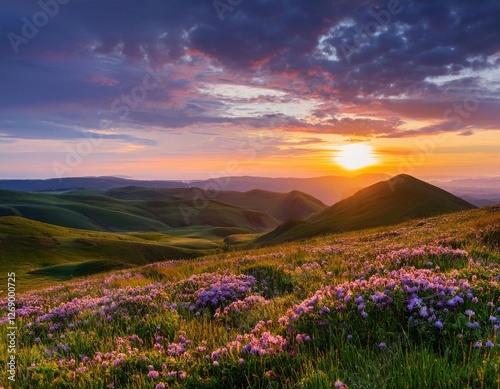 A sunset over rolling grasslands dotted with wildflowers