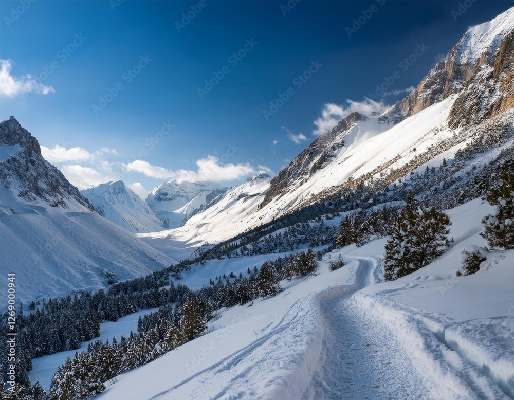 A snowy mountain pass with a trail winding through A snowy mountain pass with a trail winding through