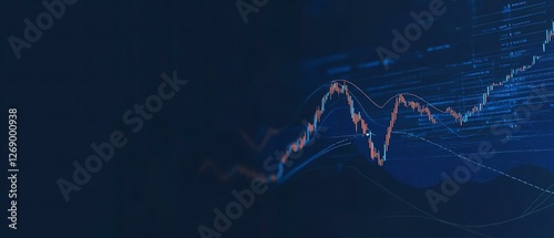 Widescreen Abstract financial graph with uptrend line and bar chart of stock market on blue color background