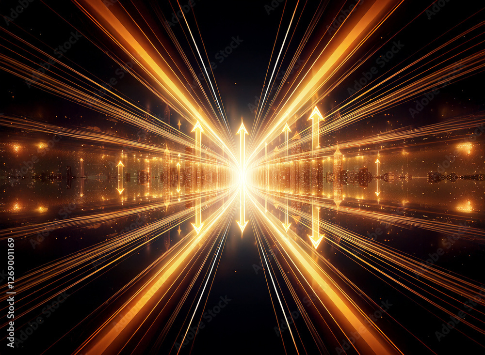 Obraz premium Golden light streaks form a tunnel, converging towards a bright center with arrow shapes pointing inwards, creating a sense of depth and motion on a dark backdrop.