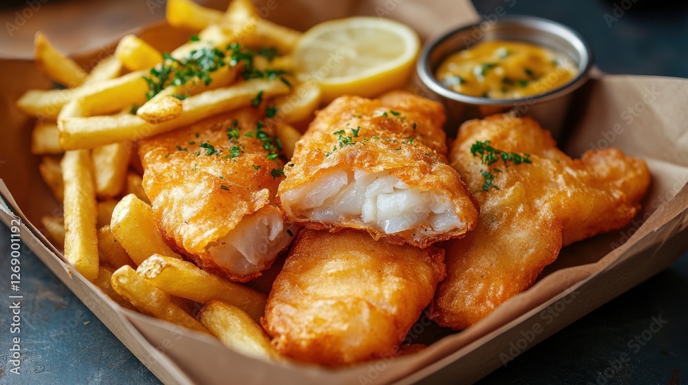Crispy fish and chips served with lemon and sauce in a cozy diner atmosphere at lunchtime Crispy fish and chips served with lemon and sauce in a cozy diner atmosphere at lunchtime