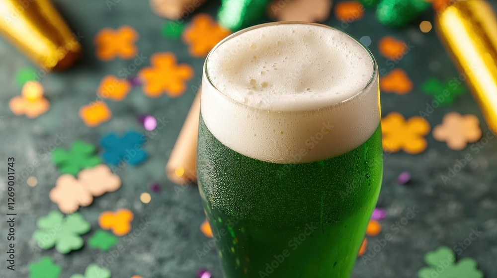 A vibrant green beer glass surrounded by festive decorations, perfect for celebrating St. Patrick's Day or other joyful occasions. A vibrant green beer glass surrounded by festive decorations, perfect for celebrating St. Patrick's Day or other joyful occasions.