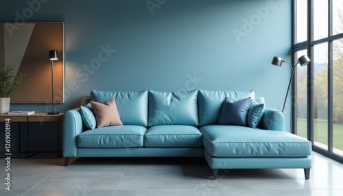 Italian leather sofa in a sleek light blue interior with elegant backlit decor