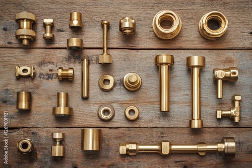 Collection of brass plumbing fittings arranged on wooden surface showcasing various shapes and sizes. Generative AI