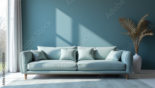 Italian leather sofa in a sleek light blue interior with elegant backlit decor