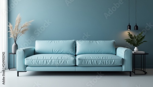 Italian leather sofa in a sleek light blue interior with elegant backlit decor