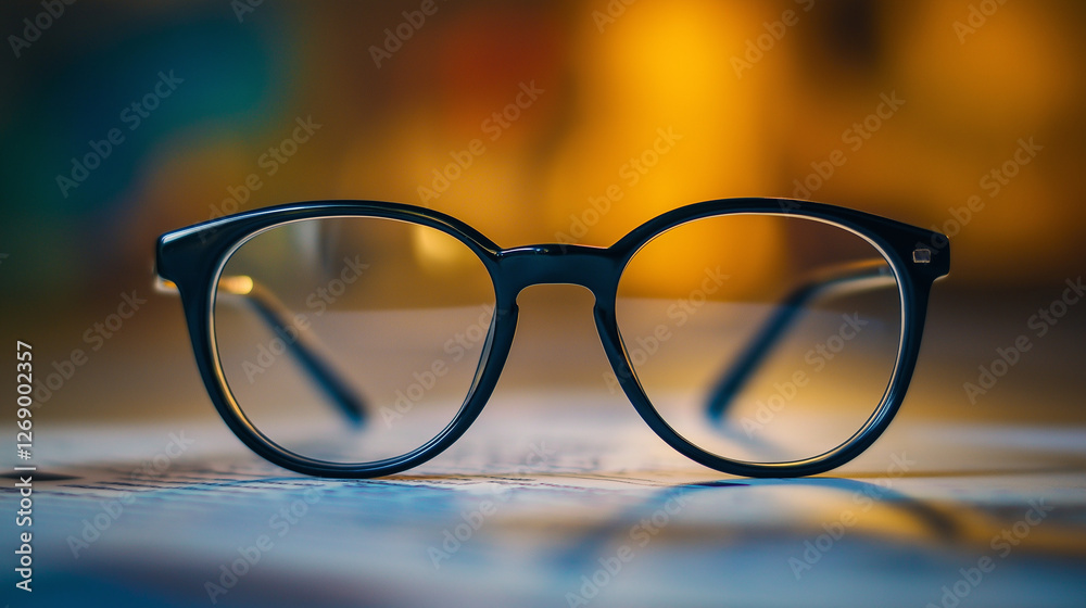 a close up of eyeglasses made of plastic black frame on a ground for showing isolated on a yellow blurred light background a close up of eyeglasses made of plastic black frame on a ground for showing isolated on a yellow blurred light background