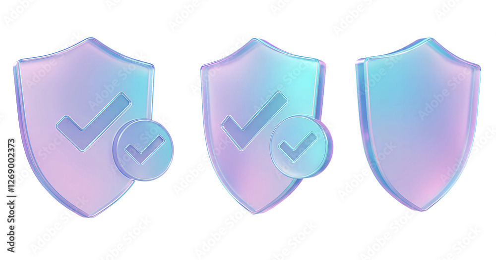 Three Pastel-Colored Shield Icons with Checkmarks, Representing Security and Trust isolated on transparent background. Three Pastel-Colored Shield Icons with Checkmarks, Representing Security and Trust isolated on transparent background.