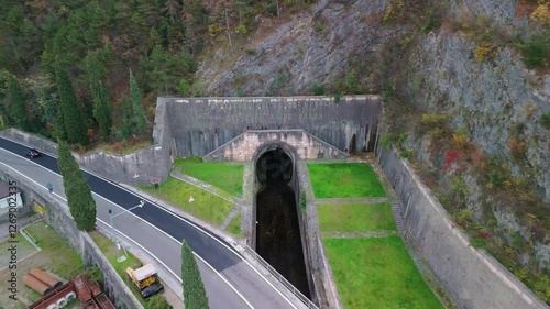 aerial view of the Adige river tunnel of Lake Garda with crystal clear water