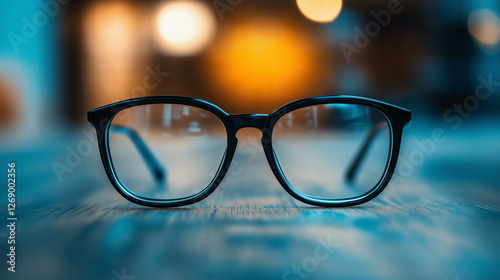 a close up of eyeglasses made of black plastic frame on a wooden  surface  for showing isolated on ablurred light background