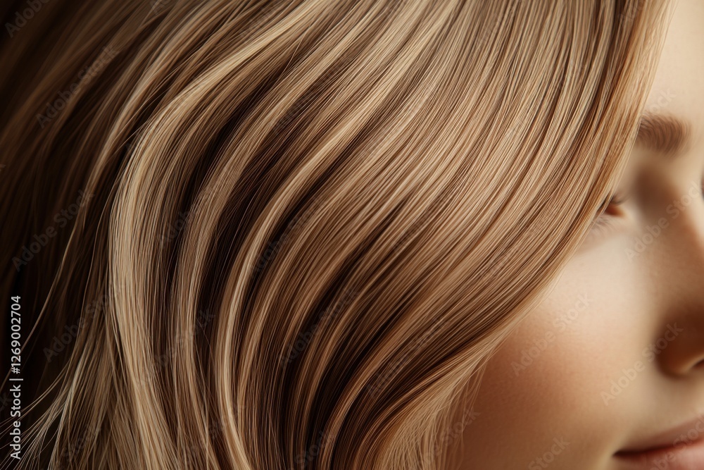 Close-up view of smooth, flowing hair highlighting soft waves and natural shine in a warm indoor setting Close-up view of smooth, flowing hair highlighting soft waves and natural shine in a warm indoor setting