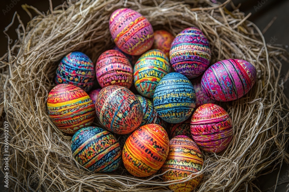 Fototapeta premium Vibrant collection of hand painted Easter eggs nestled in a natural grass nest. Generative AI