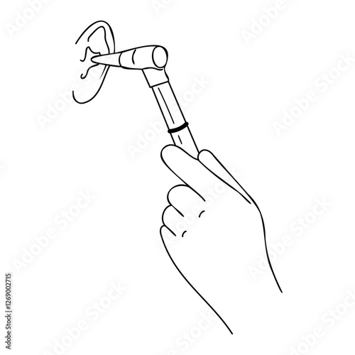 Ear examination Otoscopy outline vector illustration. ENT specialist tools otoscope and ear. 