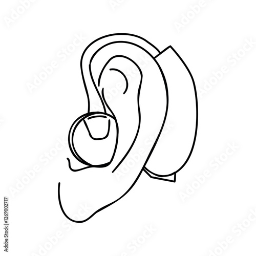 Ear with a hearing aid outline vector illustration. Aerophone behind organ ear human health care concept