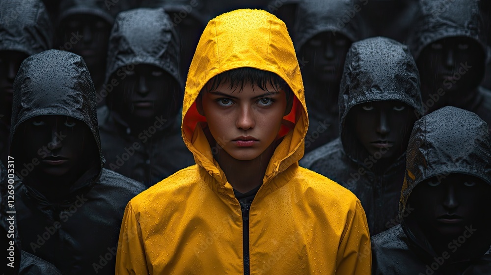 A young person in a bright yellow raincoat stands out among a crowd of dark, faceless figures in the rain