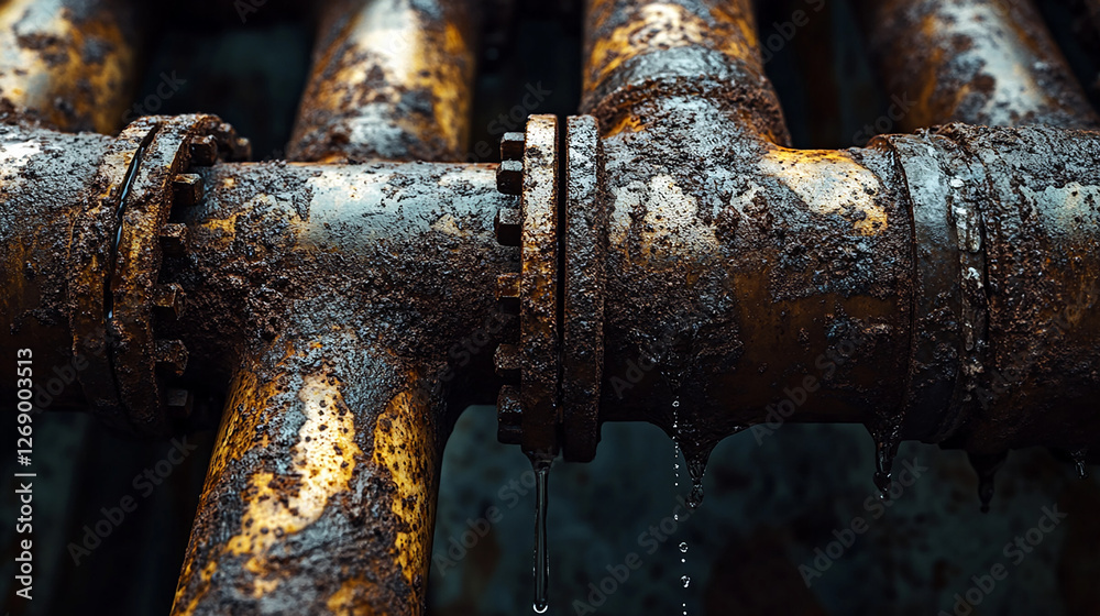 Aged water pipes covered in rust, leaking slightly Aged water pipes covered in rust, leaking slightly