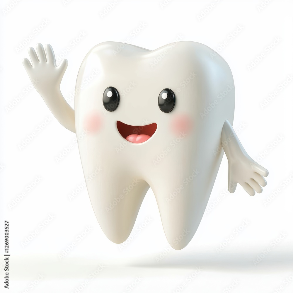Friendly tooth waving with a bright, cheerful expression isolated on white Friendly tooth waving with a bright, cheerful expression isolated on white