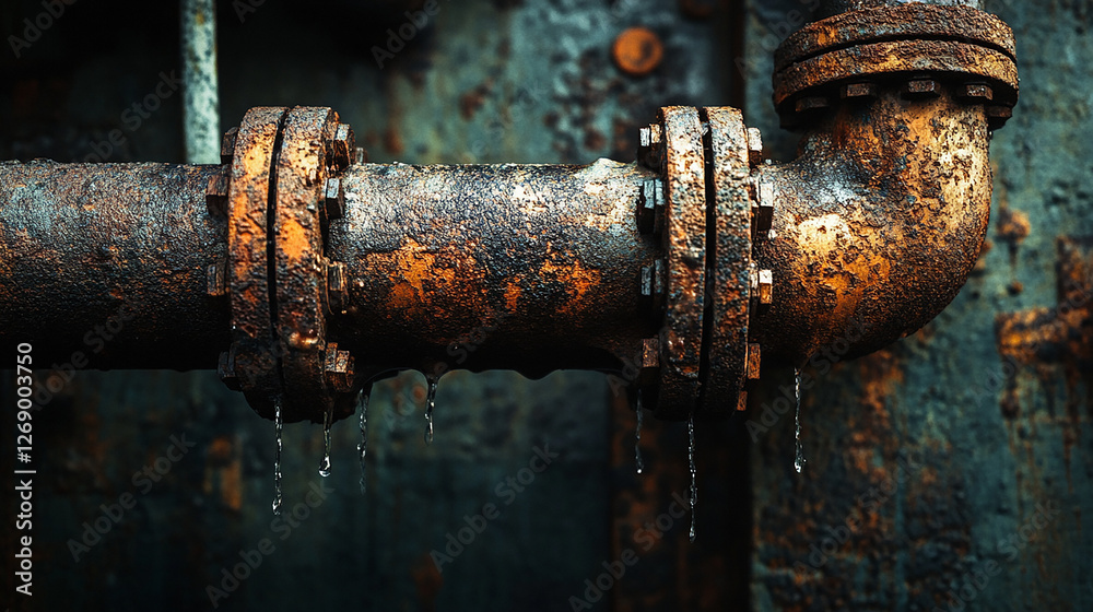 Aged water pipes covered in rust leaking slightly Aged water pipes covered in rust leaking slightly