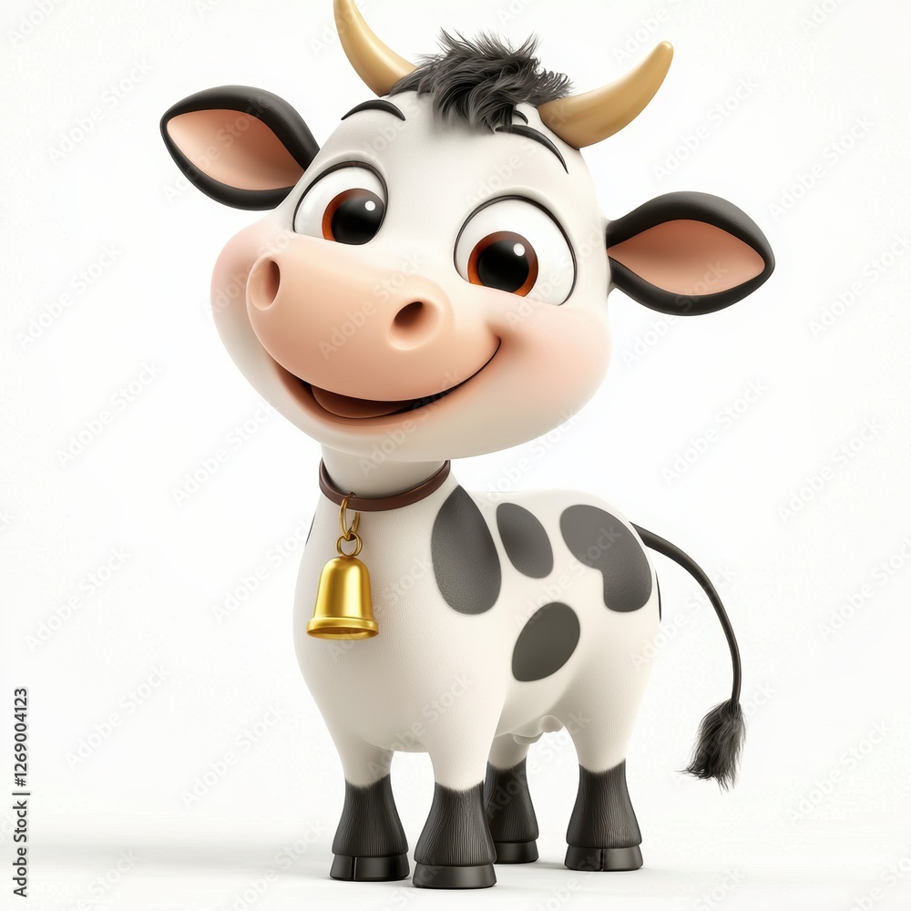 Fototapeta premium Happy cow with a tiny bell around its neck isolated on white