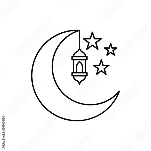 Crescent moon, three stars, lantern night sky illustration perfect for Ramadan, Eid, Islamic holidays