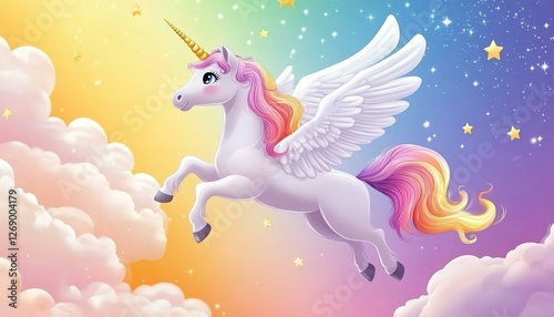 Rainbow background with winged unicorn silhouette with stars. Pastel color sky. Magical landscape abstract fabulous pattern.