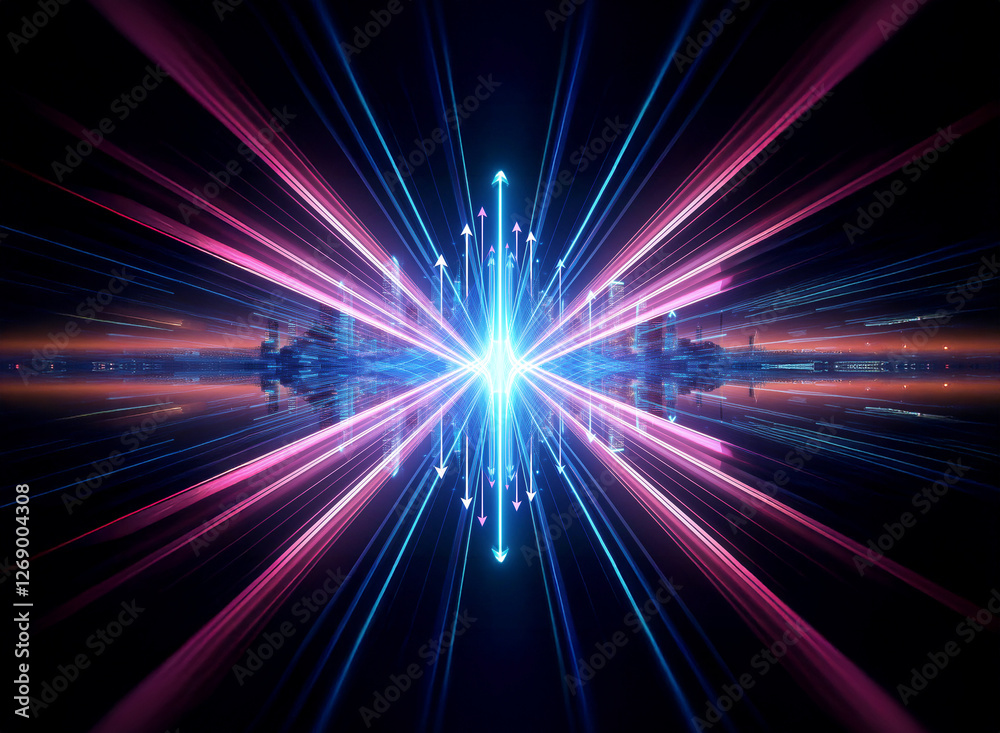 Vibrant light bursts from a central point, radiating blue and pink rays against a dark backdrop, creating an abstract and dynamic glowing effect. Vibrant light bursts from a central point, radiating blue and pink rays against a dark backdrop, creating an abstract and dynamic glowing effect.