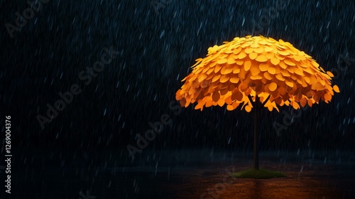 A glowing umbrella made of leaves in a rainstorm at night.