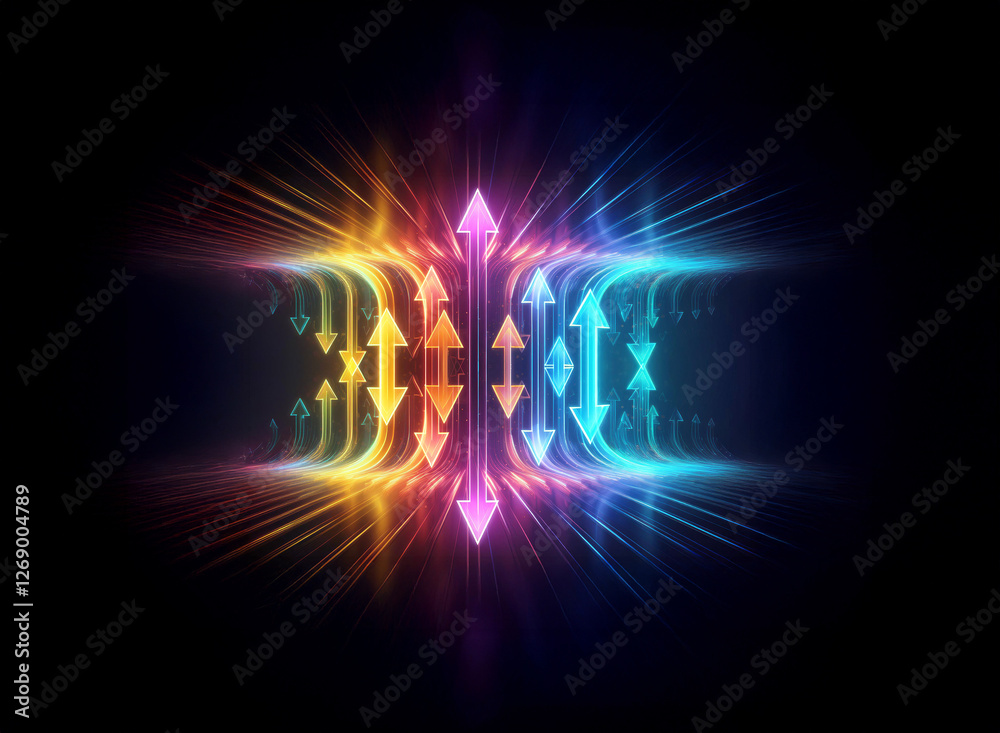 Fototapeta premium Abstract luminous arrows in vibrant colors radiate outwards and converge towards the center on a dark backdrop, creating a dynamic and symmetrical design.